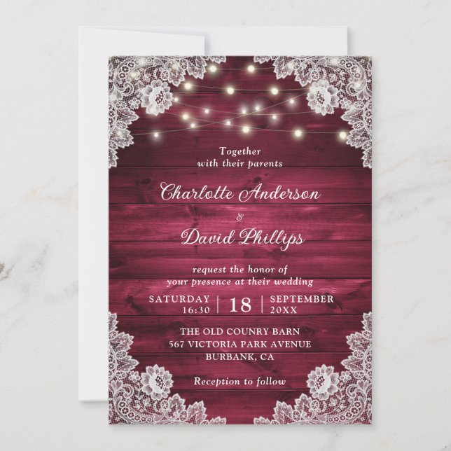 Invitation Rustique Bois Bourgogne Dentelle Mariage (Devant)