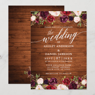 Invitation Rustique Bois Bourgogne Floral Mariage