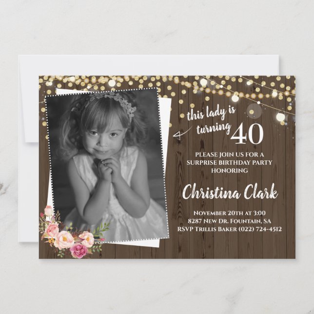 Invitation Rustique Bois Custom Photo Florale Femmes Annivers (Devant)