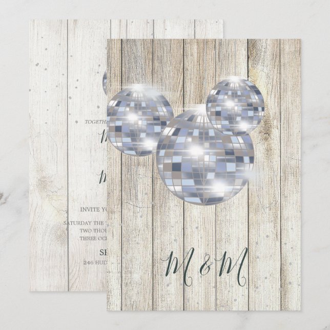 Invitation Rustique Bois Disco Mariage Silver Chic (Devant / Derrière)