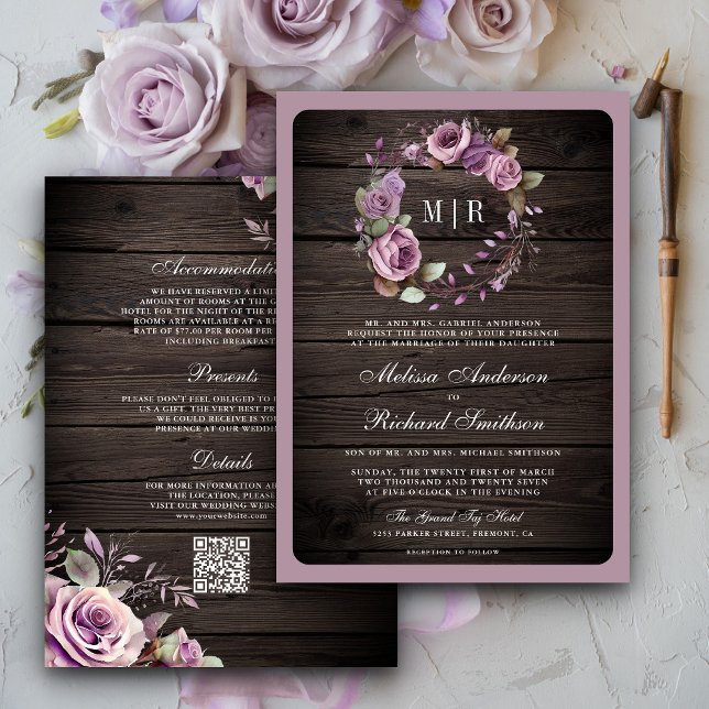 Invitation Rustique Bois Dusty Violet Floral QR Code Mariage (Créateur téléchargé)