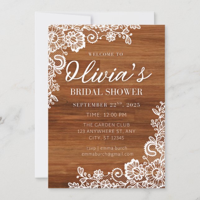 Invitation Rustique Bois et dentelle Douche nuptia (Devant)
