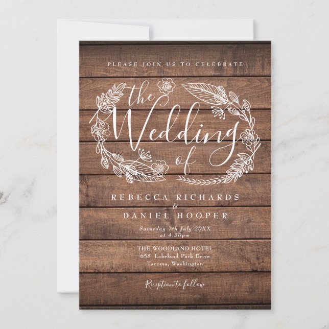 Invitation Rustique Bois Floral Garland Script Mariage (Devant)
