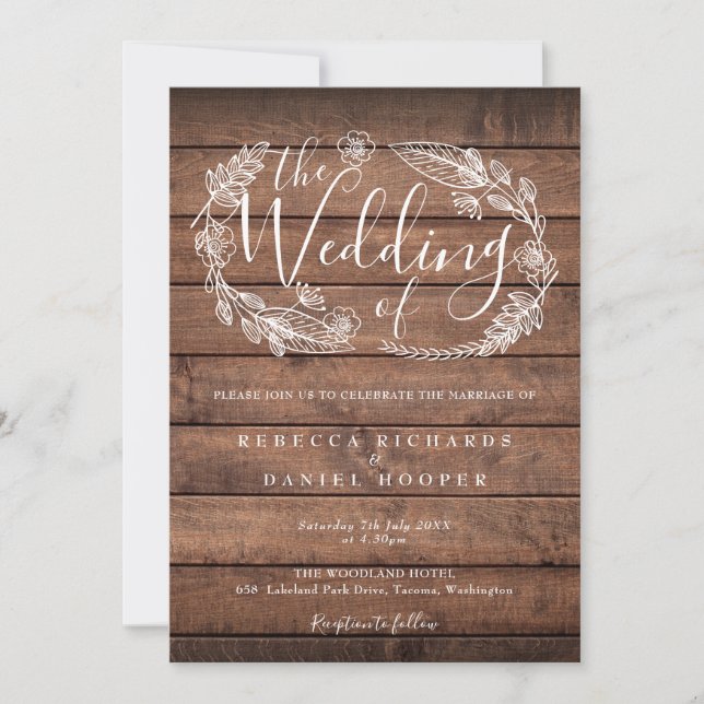Invitation Rustique Bois Floral Garland Script Mariage (Devant)