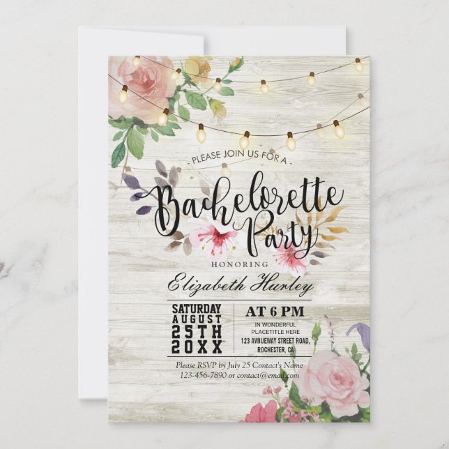 Invitation Rustique Bois Floral String Lumière Bachelorette P (Devant)