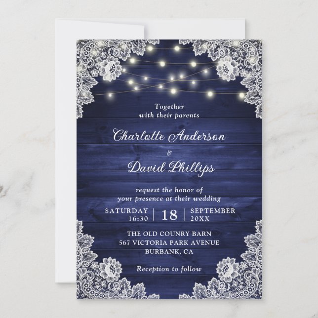 Invitation Rustique Bois Marine bleu dentelle lumière Mariage (Devant)