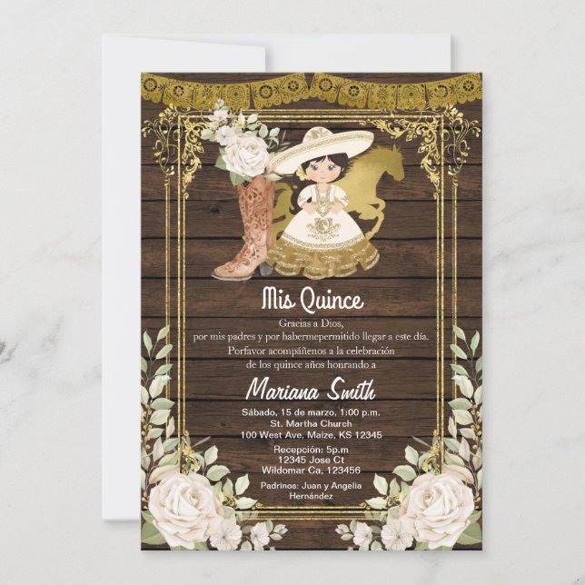 Invitation Rustique Bois Or Mexicain Charro Miss Quince  (Devant)