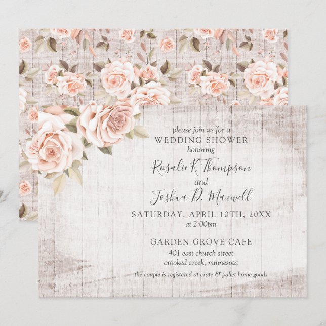 Invitation Rustique Bois Romantique Roses Couple Wedding show (Devant / Derrière)