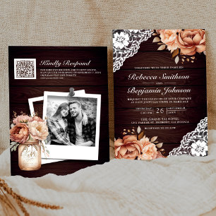 Invitation Rustique Bois Terracotta Floral Lace QR Code Maria