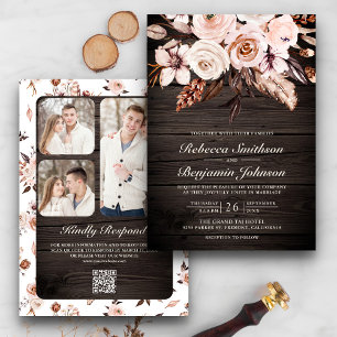 Invitation Rustique Bois Terre ivoire Floral QR Code Mariage