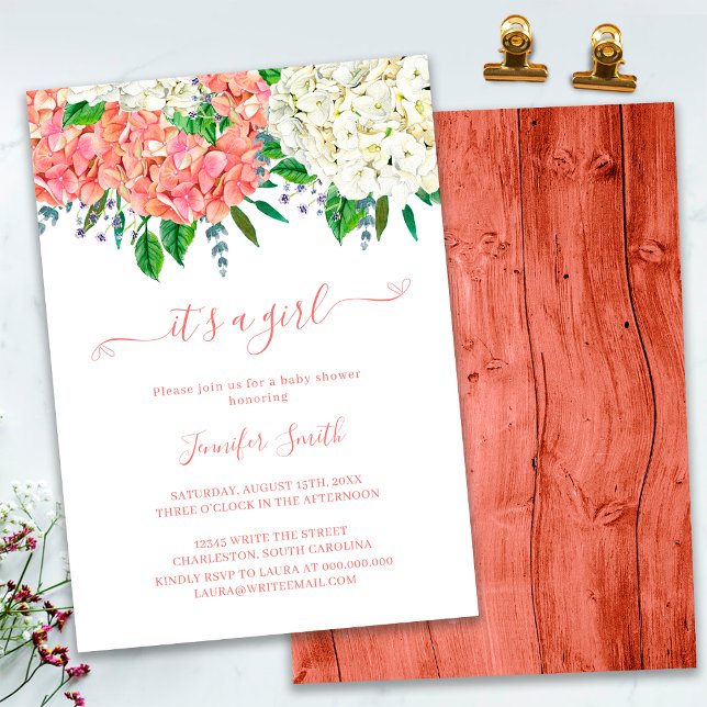 Invitation Rustique Botanique Hydrangea Baby shower fille (Créateur téléchargé)