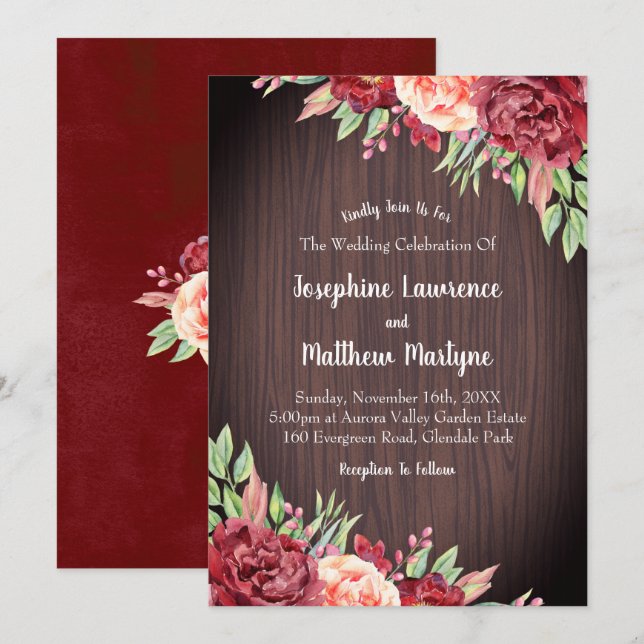 Invitation Rustique Bourgogne Aquarelle Floral Folial Mariage (Devant / Derrière)