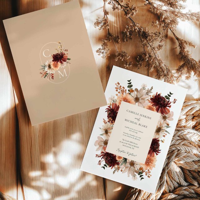 Invitation Rustique Bourgogne Automne Mariage Floral (Fall Burgundy Floral Wedding Invitation)