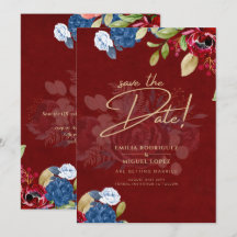 Rustique Bourgogne Bleu Floral Mariage ENREGISTRER