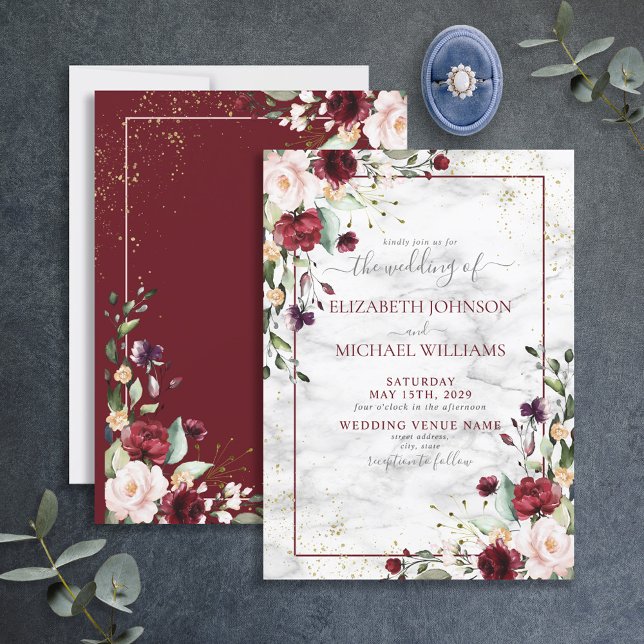 Invitation Rustique Bourgogne Blush rose or Mariage Floral (Créateur téléchargé)