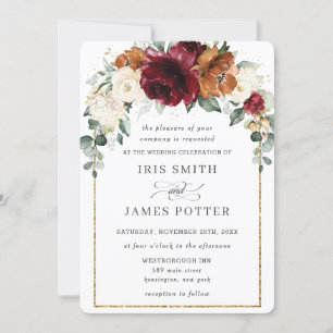 Invitation Rustique Bourgogne brûlé Orange Mariage floral ivo