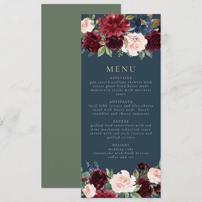 Invitation Rustique Bourgogne et Navy Floral Dinner Menu (Devant / Derrière)