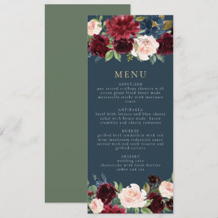 Invitation Rustique Bourgogne et Navy Floral Dinner Menu