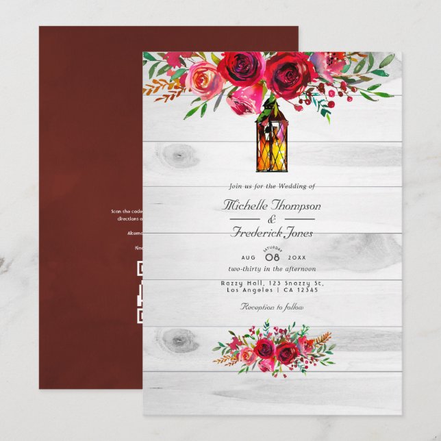 Invitation Rustique Bourgogne et rose Floral QR Code Mariage (Devant / Derrière)