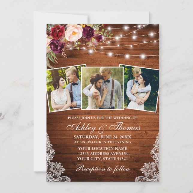 Invitation Rustique Bourgogne Floral Lights Lace 3 Mariage ph (Devant)