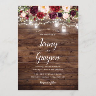 Invitation Rustique Bourgogne Floral Mason Lumières Mariage