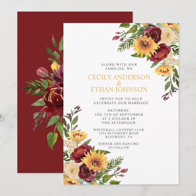 Invitation Rustique Bourgogne Floral Yellow Sunflowers Mariag (Devant / Derrière)