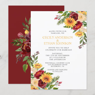 Invitation Rustique Bourgogne Floral Yellow Sunflowers Mariag
