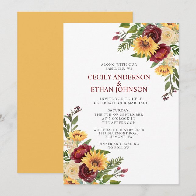 Invitation Rustique Bourgogne Floral Yellow Sunflowers Mariag (Devant / Derrière)