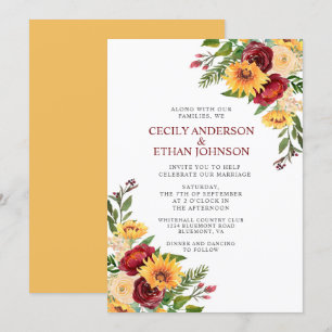 Invitation Rustique Bourgogne Floral Yellow Sunflowers Mariag