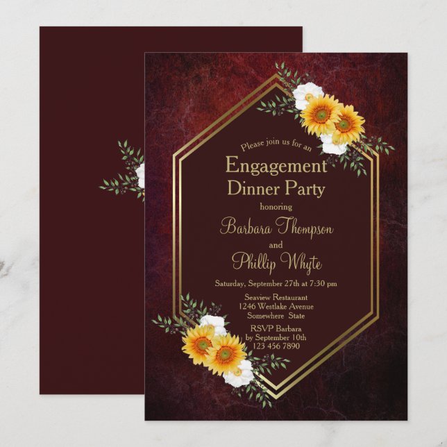 Invitation Rustique Bourgogne Gold Floral Dîner Fiançailles (Devant / Derrière)