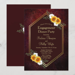 Invitation Rustique Bourgogne Gold Floral Dîner Fiançailles