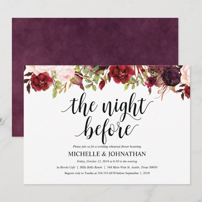 Invitation Rustique Bourgogne Mariage Dîner de répétition Inv (Devant / Derrière)