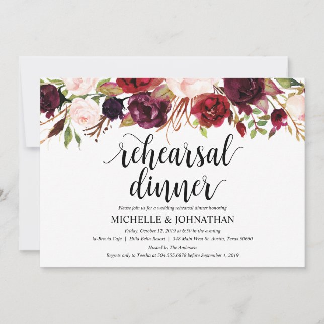 Invitation Rustique Bourgogne Mariage Dîner de répétition Inv (Devant)