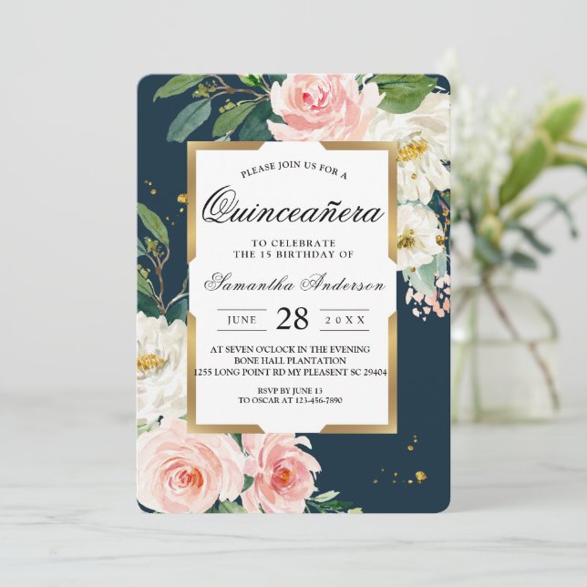 Invitation Rustique Bourgogne Marine Bleu & Pink Floral Gold  (Debout devant)