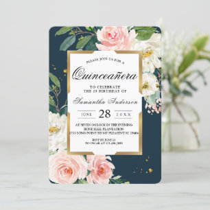 Invitation Rustique Bourgogne Marine Bleu & Pink Floral Gold 