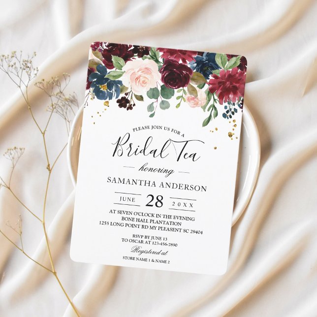 Invitation Rustique Bourgogne Marine Bleu & Rouge Beauté Fleu (Créateur téléchargé)