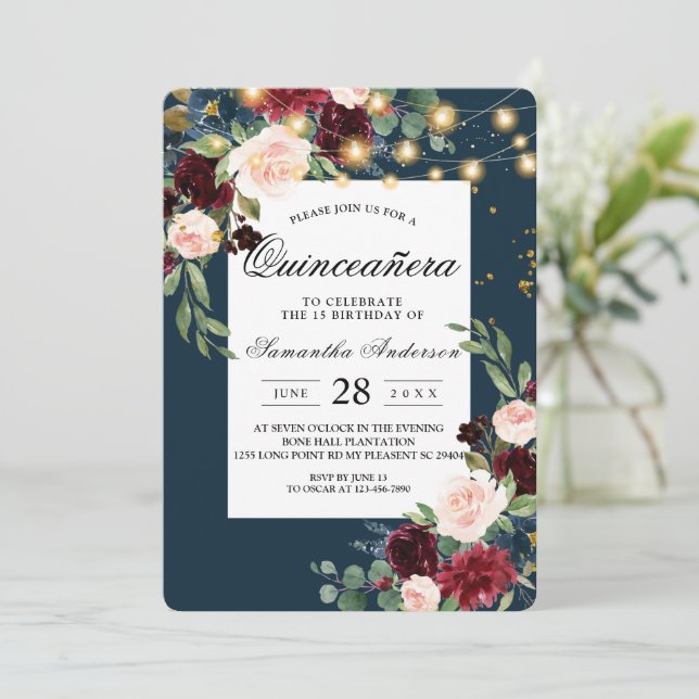 Invitation Rustique Bourgogne Marine Bleu & Rouge Fleurs & Lu (Debout devant)