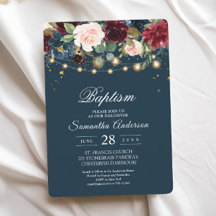 Invitation Rustique Bourgogne Marine Bleu & Rouge Fleurs & Lu