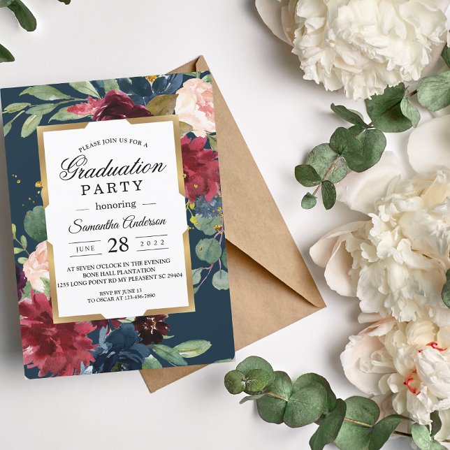 Invitation Rustique Bourgogne Marine Bleu & Rouge Floral Gold (Créateur téléchargé)