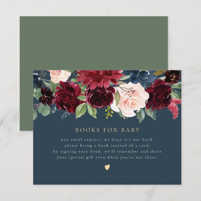 Invitation Rustique Bourgogne & Navy Livres floraux pour Baby (Devant / Derrière)