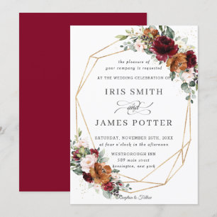 Invitation Rustique Bourgogne Orange Mariage Floral Géométriq