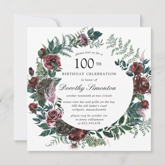 Invitation Rustique Bourgogne Rose Floral 100e anniversaire (Devant)