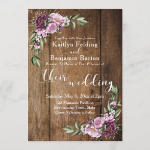 Invitation Rustique Brown Bois Pink Peonies Bouquet Mariage
