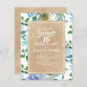 Invitation Rustique Brown Kraft Bleu Blanc Floral Sweet 16