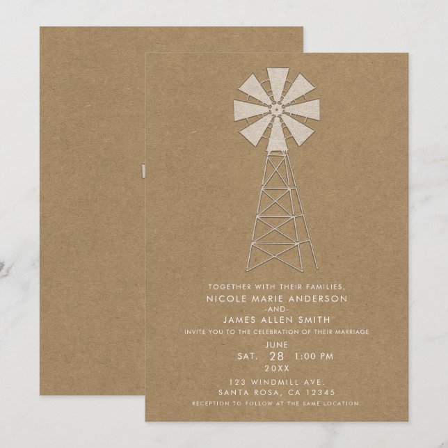 Invitation Rustique Brown Kraft Windmill Mariage moderne (Devant / Derrière)