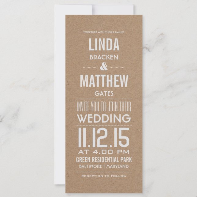 Invitation Rustique Brown papier Kraft Mariage de texte moder (Devant)