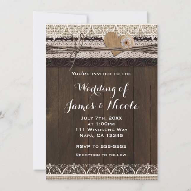 Invitation Rustique Burlap Dentelle et mariage en bois Invita (Devant)