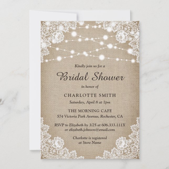 Invitation Rustique Burlap et dentelle de douche n (Devant)