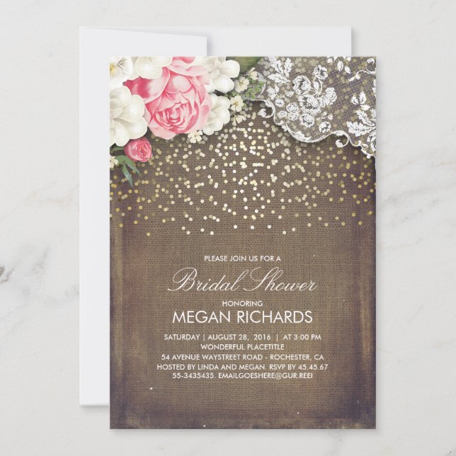 Invitation Rustique Burlap Floral Lace Fête des mariées or (Devant)