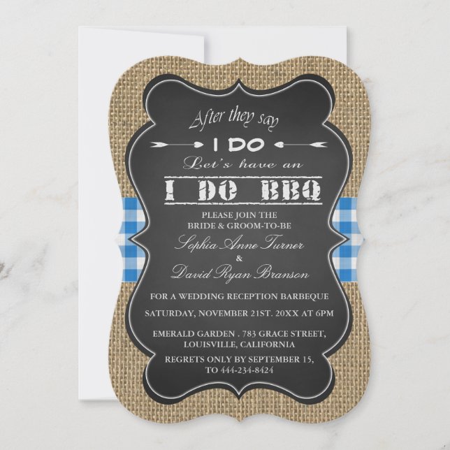 Invitation Rustique Burlap, Gingam & Chalkboard I DO BBQ Pers (Devant)